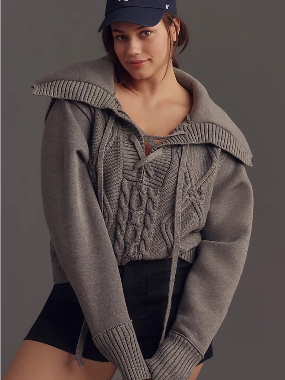 Anthropologie | Pilcro Fisherman Textured Cable Laced Slouchy Knit Sweater Grey